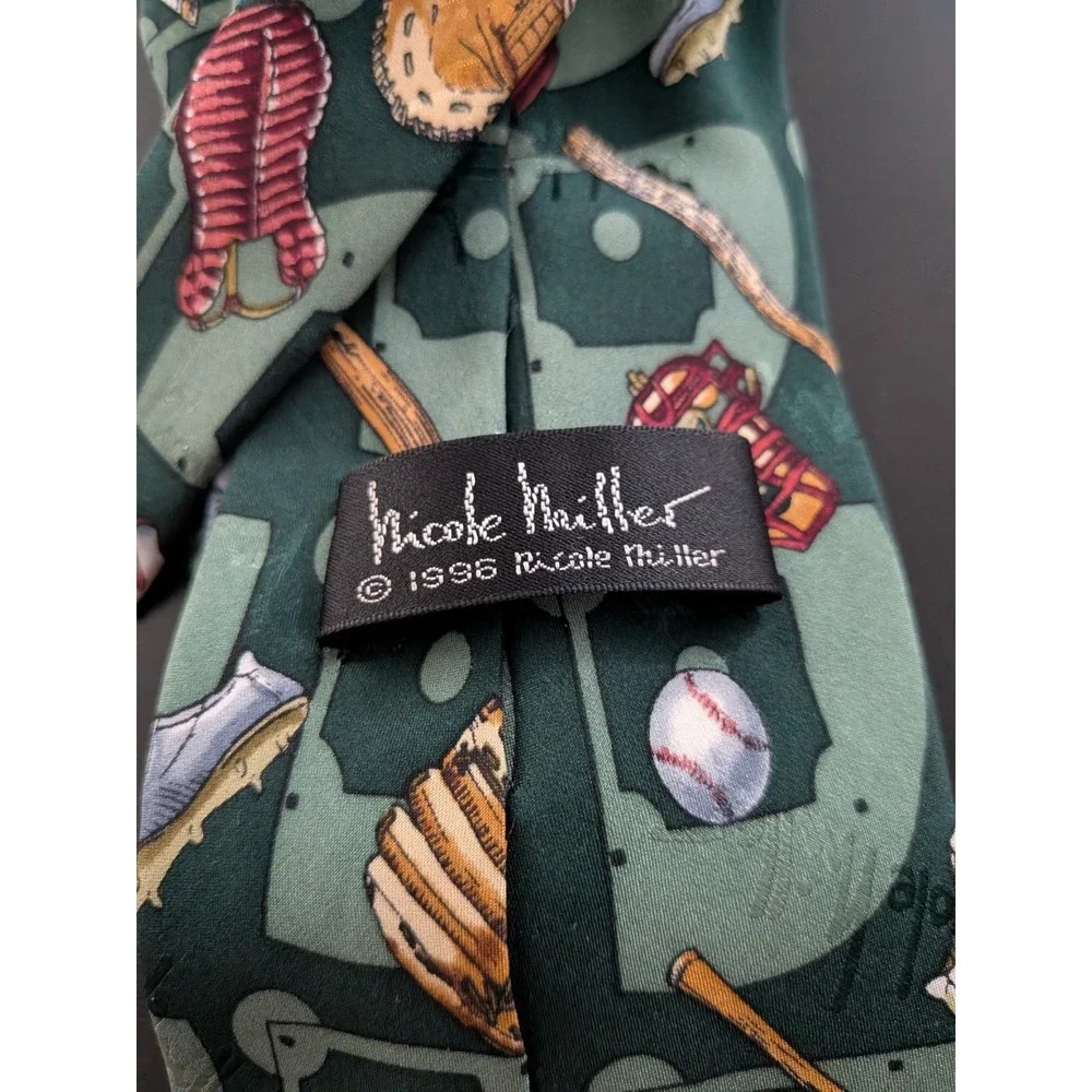 Nicole Miller Tie Silk Korea Made Baseball Design All Over Green 54